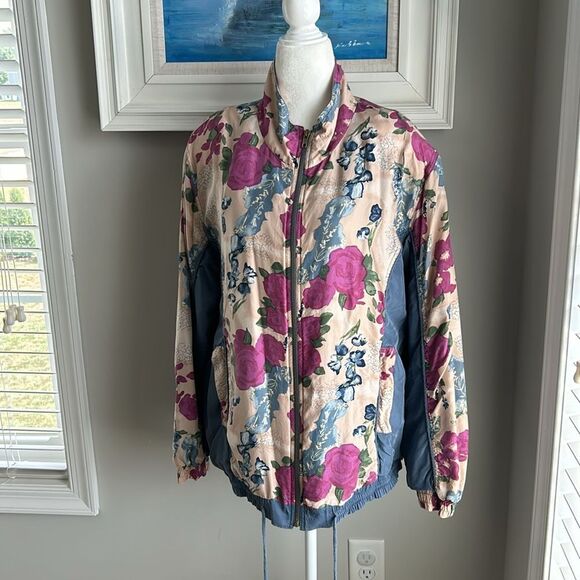 Vintage 90s Hunt Club Silk Floral Windbreaker Zipper Jacket Medium - Picture 3 of 13